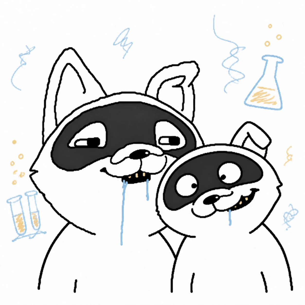 Two dazed raccoon-cat mascots from a failed AI experiment